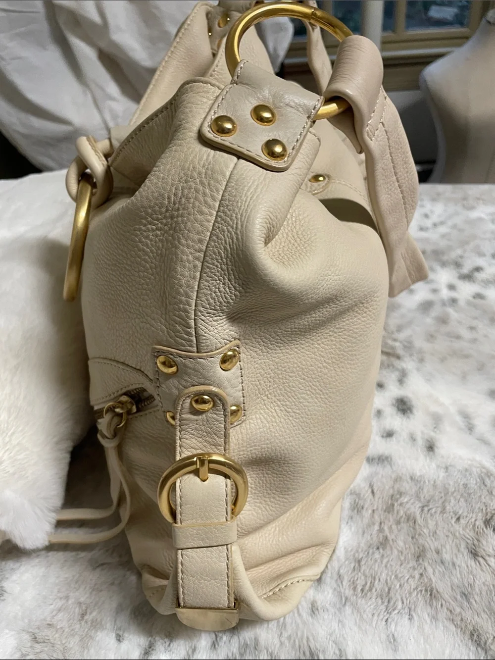 C. Luce Cream Leather Hobo with Gold Ring Hardware